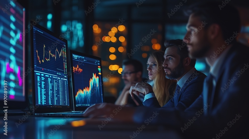 Aufkleber Meeting laptop and team of business people in office at night with stock market charts for investment Discussion computer and financial advisors working on company profit report with d : Generative AI