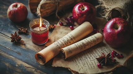 A burning candle illuminates an ancient parchment with mysterious symbols, alongside apples, berries, and star anise, creating an enchanting atmosphere.