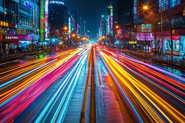 Obraz premium City Street at Night with Streaks of Car Lights