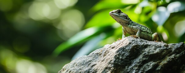 Obraz premium Green lizard resting on a rock in