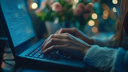 Woman typing and computer for working in office serious and keyboard for journalist research and writing Workplace employee and person with laptop planning and project for headline of  : Generative AI