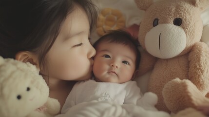 A young girl gently kisses a baby on the cheek.  They are surrounded by stuffed animals.