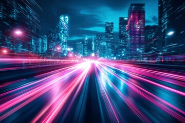 Cityscape with Long Exposure of Light Streaks on a Road