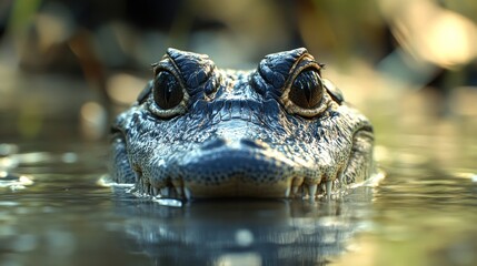 Close-up of a crocodile's head emerging from water.