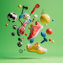 Naklejka premium Dynamic Sports Display: Energetic Scatter of Balls, Sneakers, and Whistles