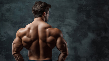 Muscular man’s back with defined muscles, showcasing strength, fitness, and dedication in bodybuilding and athletic training