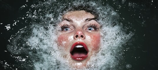Dramatic close-up portrait of a woman's face underwater with splashing water