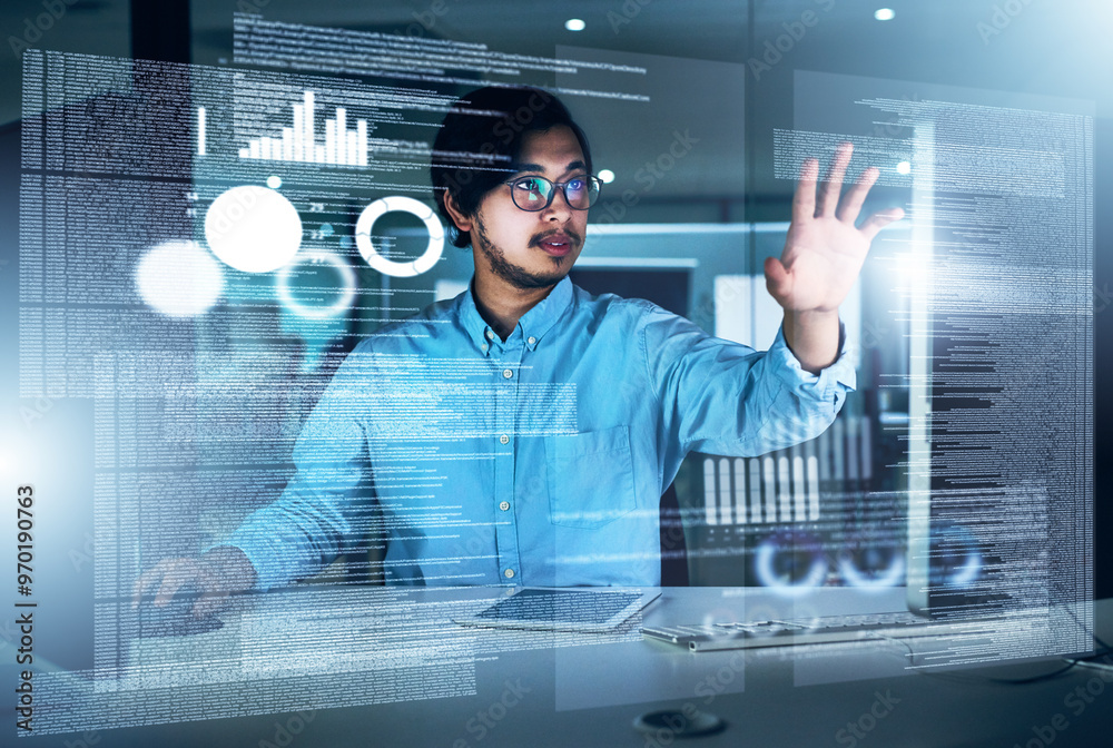 Poster Man, data scientist and programming code in typing for innovation or web research. Computer engineering, technology and market analysis for blockchain, overlay or futuristic in digital transformation