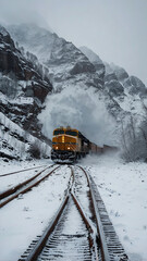 Snow-Covered Train Journey Through Icy Mountains, Winter Adventure on a Mountain Railroad