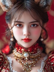 Fototapeta premium Elegant asian woman in traditional red dress