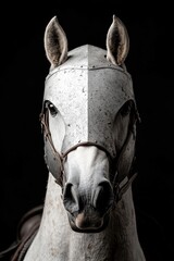 Fototapeta premium Close-up portrait of a white horse wearing a metal helmet
