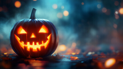 Obraz premium Halloween themed pumpkin with scary lighting face on beautiful background