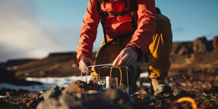 Close-up of a seismologist setting up a seismograph in a remote area, with the equipment