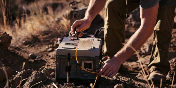 Close-up of a seismologist setting up a seismograph in a remote area, with the equipment