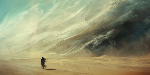 Close-up of a solitary figure standing firm against strong winds in a desert