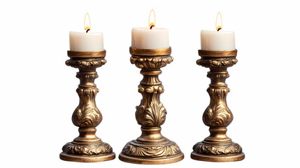 Isolated photo of old fashioned baroque style candlesticks with candles on white background. Baroque. Illustration