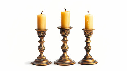 Isolated photo of old fashioned baroque style candlesticks with candles on white background. Baroque. Illustration
