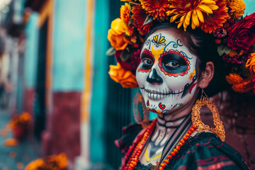 Mexican Catrina Woman in Festive Day of the Dead Parade Wearing Colorful Skull Makeup and Traditional Costume Showing Joy and Culture