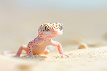 Baby leopard gecko lizard on sand.