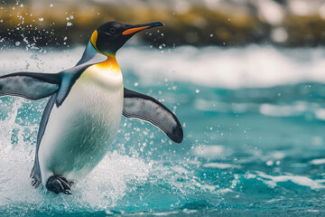 Obraz premium Big King penguin jumps out of the blue water after swimming through the ocean in Falkland Island.