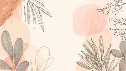 Line art banner template with botanical elements, pastel pink and beige colors, simple design for social media background or web layout design generative ai. Pastel. Illustration