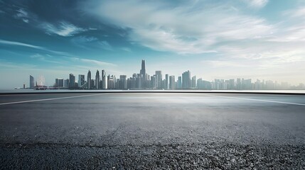 Empty asphalt road and city buildings skyline : Generative AI