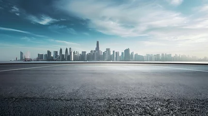 Empty asphalt road and city buildings skyline : Generative AI