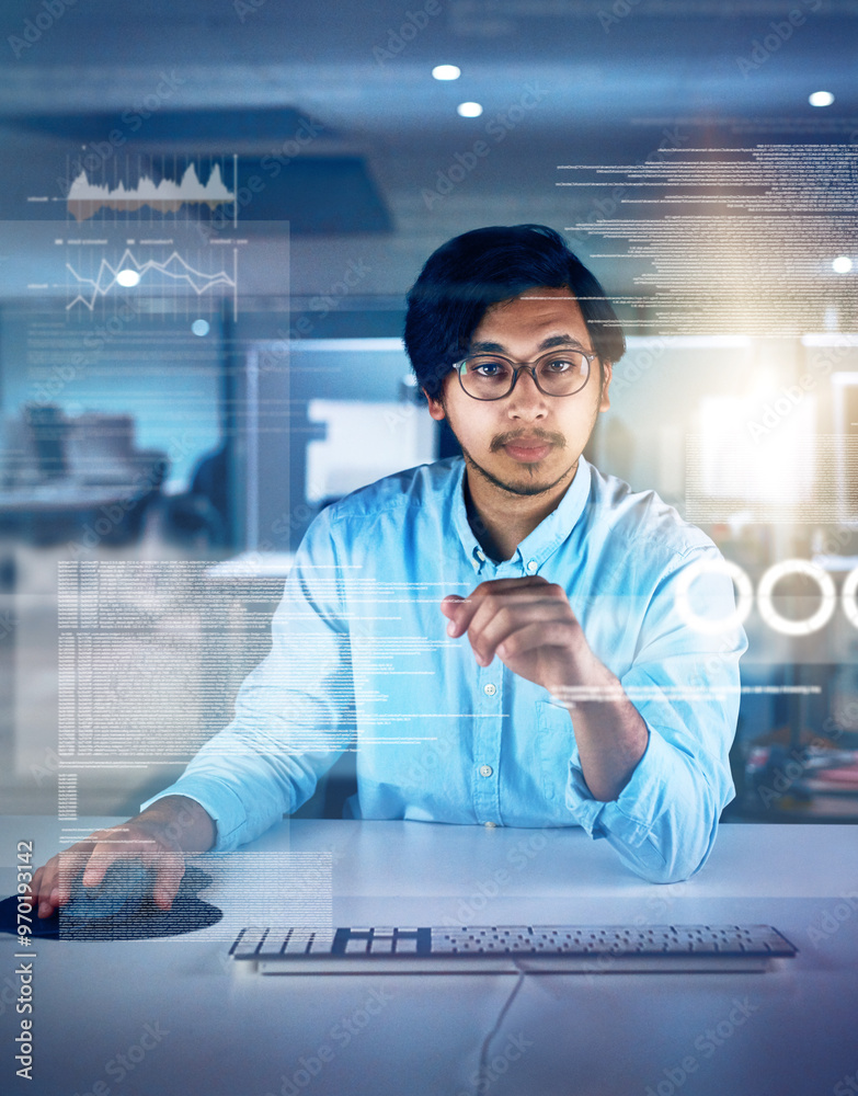 Poster Asian man, data scientist and portrait with overlay, code or innovation in web research. Computer engineering, technology and market analysis for blockchain, metrics or futuristic network in Malaysia
