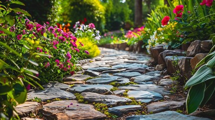 rock path leading through a flower garden : Generative AI