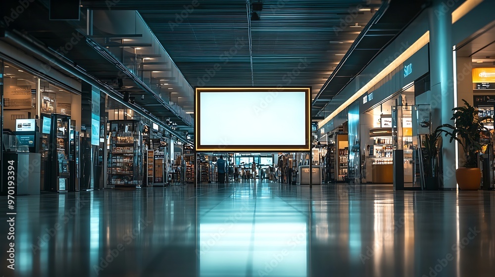 Poster sign and billboard mockup at duty free shop in departure terminal to promote your business or organi
