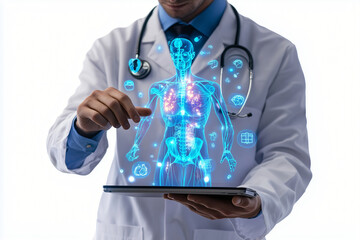 A doctor in white coat uses tablet to interact with holographic human anatomy display, showcasing various medical symbols and data. This innovative technology highlights future of healthcare