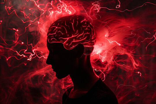 A mans head is glowing with red brain waves, surrounded by vibrant red light and swirling patterns. This striking image evokes sense of energy and creativity