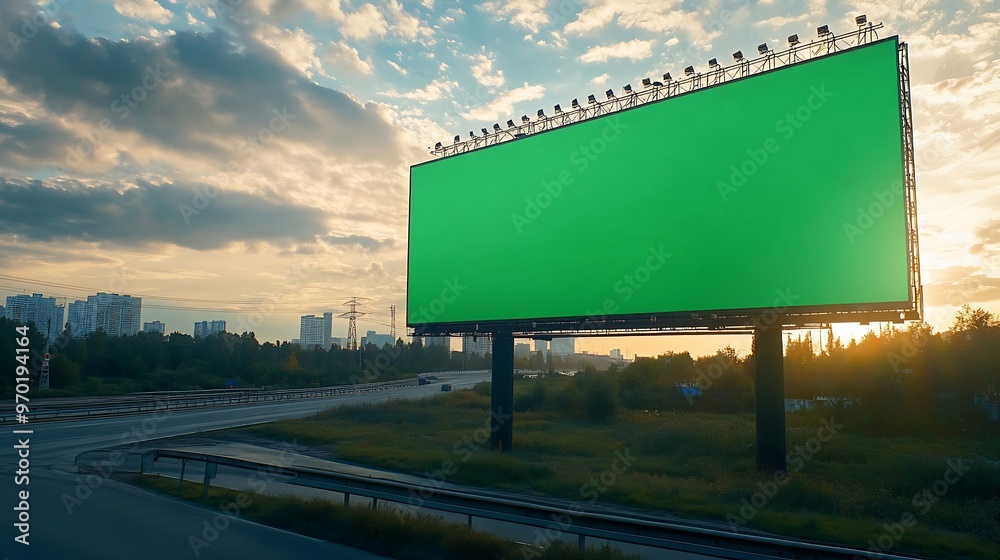 Poster big empty billboard with green screen outdoors with highway : generative ai