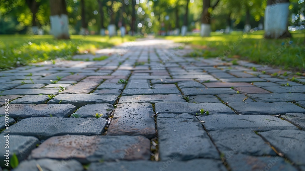 Aufkleber laying stones on a walking path red brick for the path landscaping the path with cubes of gray and r