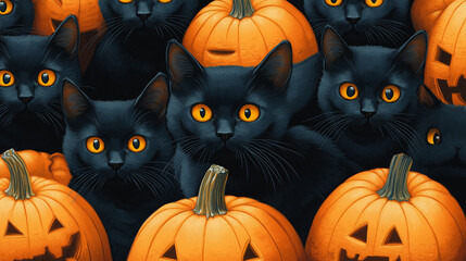 Black cats and pumpkins. The pumpkins are orange and yellow, and the cats are black with yellow eyes. The pattern for Halloween