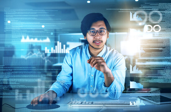 Asian man, computer engineering and portrait with overlay, code or innovation in web research. Data scientist, technology and market analysis for blockchain, metrics or futuristic network in Malaysia