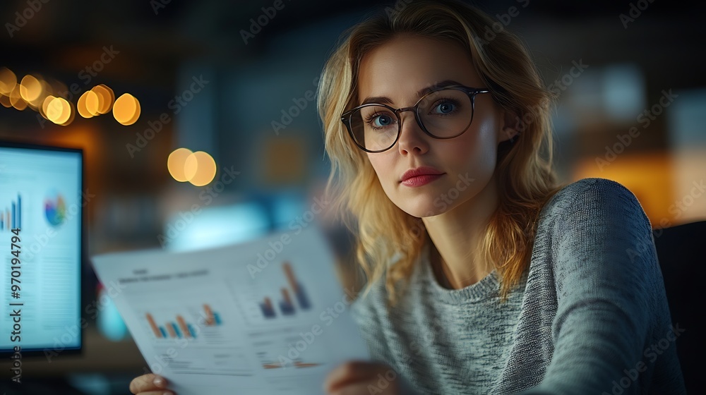 Aufkleber Computer reading and business woman in office for budget planning research or email report Pc financial consultant and internet for information networking or working on investment with : Generative AI