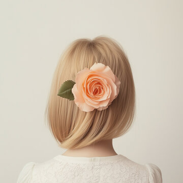 recommend clip art: A fresh rose hairpin with a pink color scheme and simple lines features a  girl on the head of an elegant woman wearing a single-flower hat, against a white background.Minimal creative fashion concept