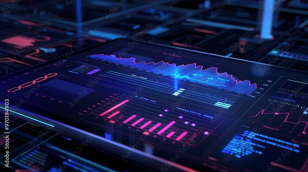 Aufkleber dashboard indicator chart data statistic investment graph management analyze diagram touching at dashboard data management to manage data bar and graph show above that smart phone : Generative AI