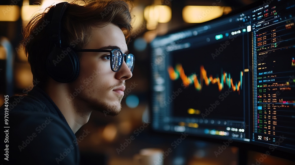 Poster man on his vlog teaching how to gain profit on exchange market : generative ai