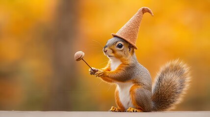 Fototapeta premium A squirrel wearing a tiny wizard hat, casting a spell with an acorn wand, squirrel wizard costume, magical woodland creature