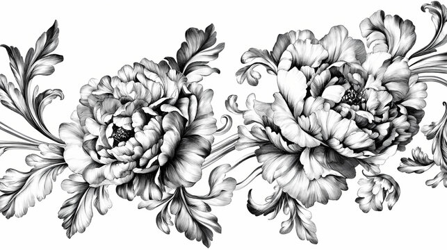 Rose peony carnation flowers in a baroque frame border ornament. engraved leaf scroll modern retro pattern. filigree design of decorative tattoo. Baroque. Illustration