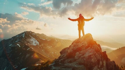 Young adventurous man on top a mountain feeling free and happy in nature double exposure : Generative AI