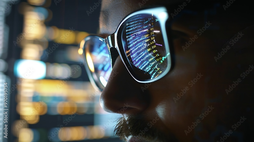 Poster Closeup portrait of focused software engineer wearing eyeglasses looking at computer screen working with big data Programming code reflecting in glasses Data science Machine Learning A : Generative AI