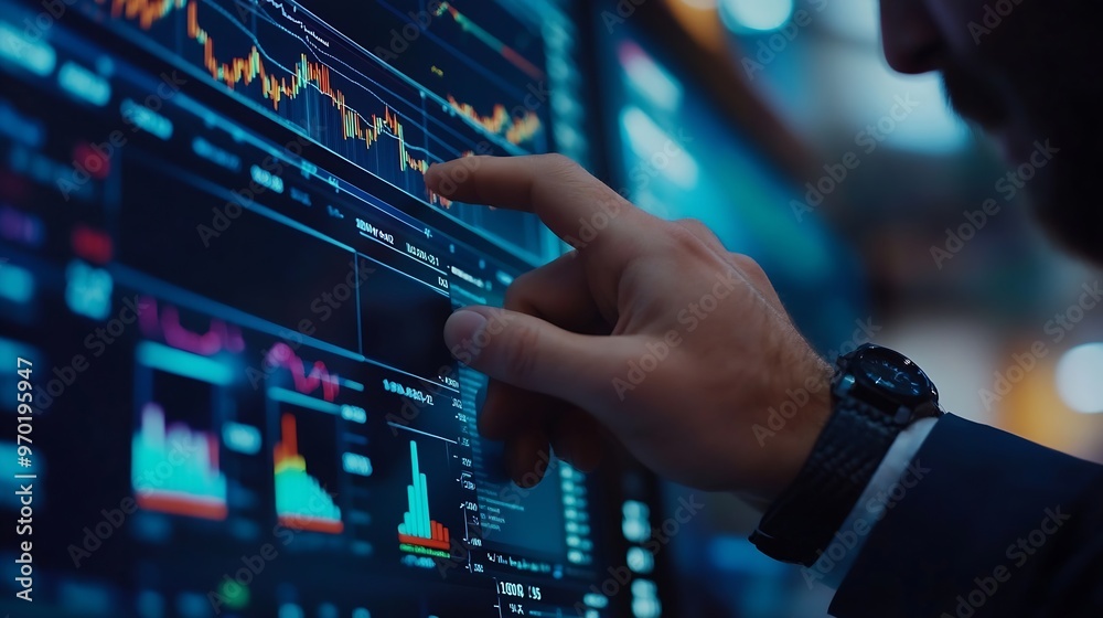 Poster Hand of trader checking stock market data on screen : Generative AI