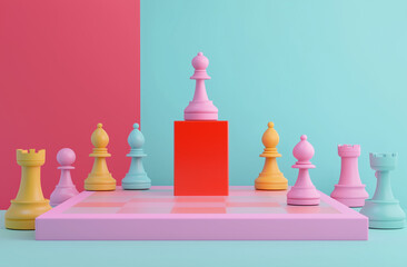 A minimalist composition shows colorful chess pieces on a pink board, with one piece pointing to the center and another in front, against a solid pastel background.