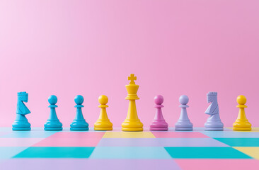 A minimalist composition shows colorful chess pieces on a pink board, with one piece pointing to the center and another in front, against a solid pastel background.