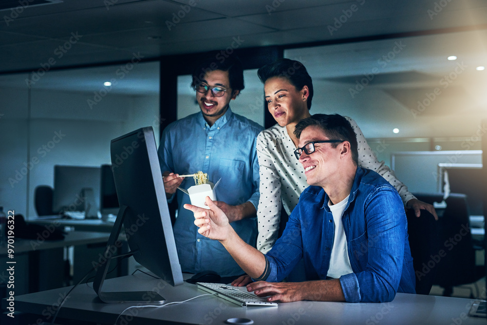 Poster Business, people and happy at night on computer at office with deadline, overtime and project as website designer. Employees, coworking and smile with programming or developing software with teamwork