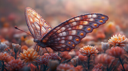 A 3D render of a large and graceful crochet butterfly with intricate patterns and a variety of colors. The butterfly is perched on a crochet flower