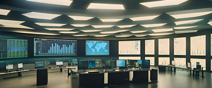 High-tech monitoring room with large, glowing screens displaying colorful stock data charts and graphs
